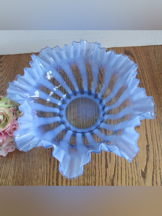Fenton Other - Vintage Fenton Provincial Blue Rib Optic Opalescent Bride’s Bowl Double Ruffle